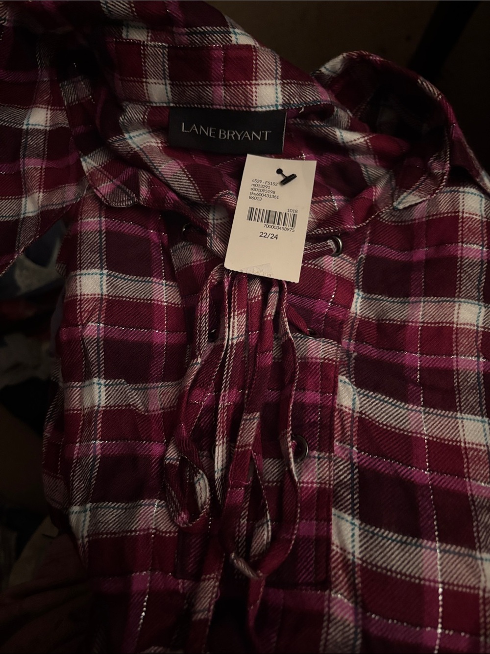 Lane Bryant Magenta and White Plaid Lace-Up Shirt